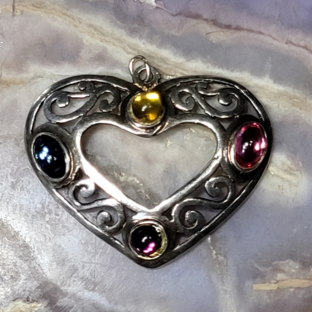 Silver Heart Pendant with Multicolor Glass stones
